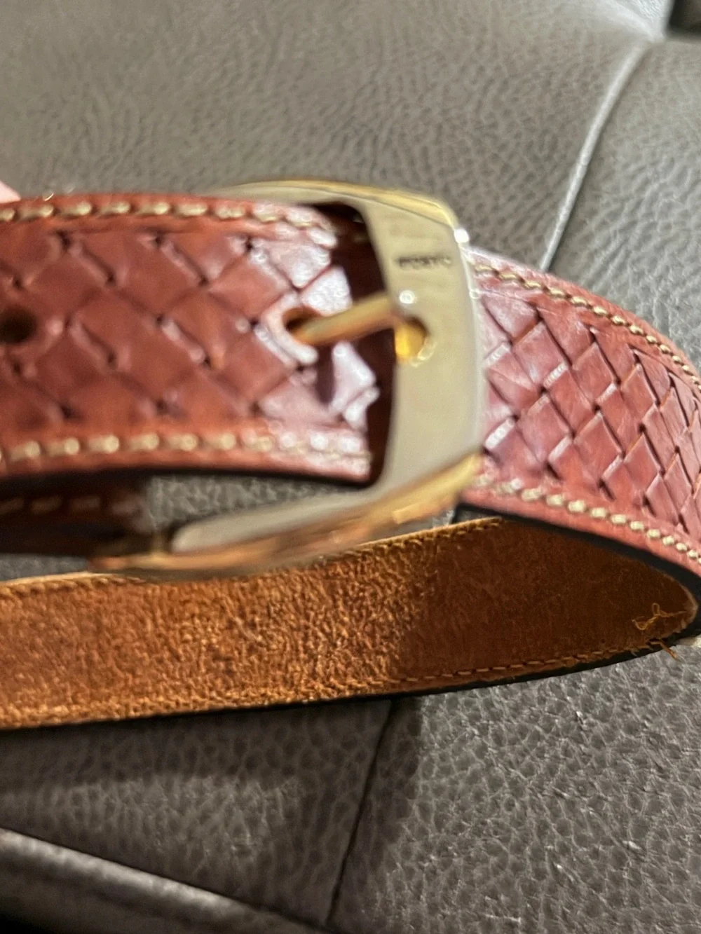 Vintage Pierre Cardin Brown Woven Leather Belt with Gold Accents